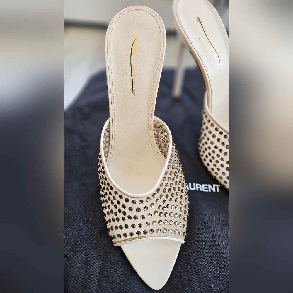 SAINT LAURENT Gippy Crystal Mesh Stiletto Mules Color Nude & Crystal 40 - Picture 7 of 16